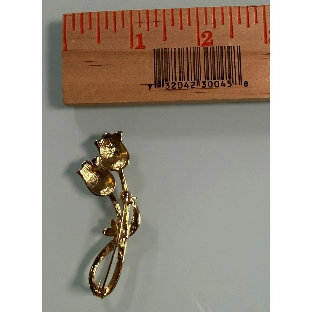 VTG Black & Gold Enamaled Gold Tone Tulip Brooch w/ Clear‎ Rhinestones